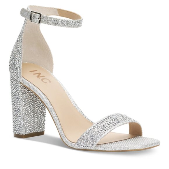 INC Silver Crystal Rhinestone Block Heel Two-Piece Sandals 9 - Picture 1 of 14